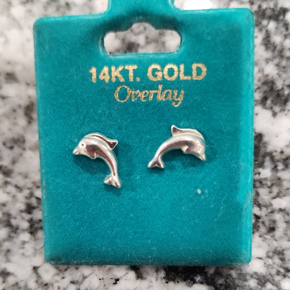 14KT Gold Overlay Dolphin Stud Earrings - Silver Tone